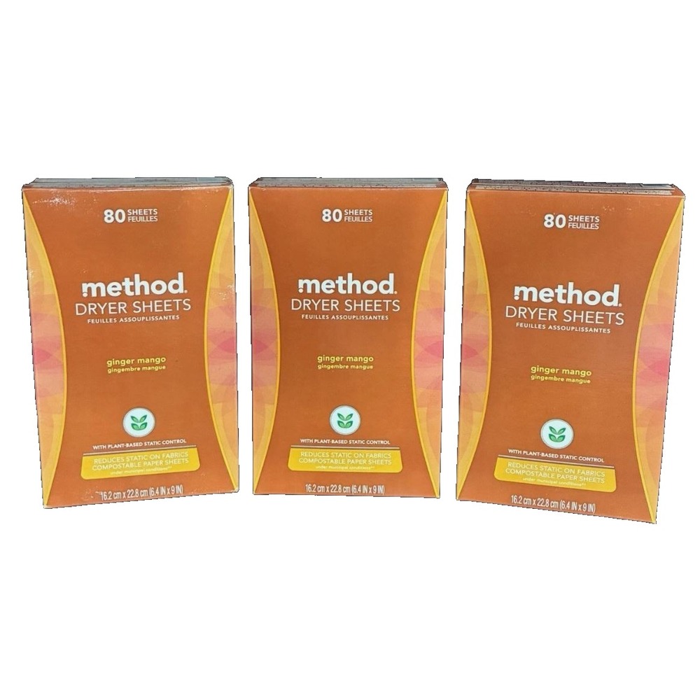 Method Paper Dryer Sheets Ginger Mango 80 Sheets Each - Lot of 3 - NEW Sealed